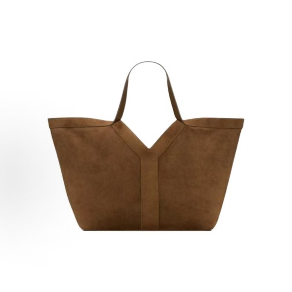 SAINT LAURENT solid color suede, Y logo stitching, bronze trim, Tote bag, shopping bag, handbag, large size for women, deep caramel cognac color